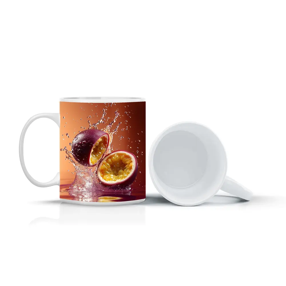 Passion Fruit Splash on Warm Red Background – Mugs