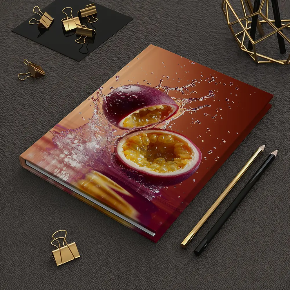 Passion Fruit Splash on Warm Red Background – Notebooks