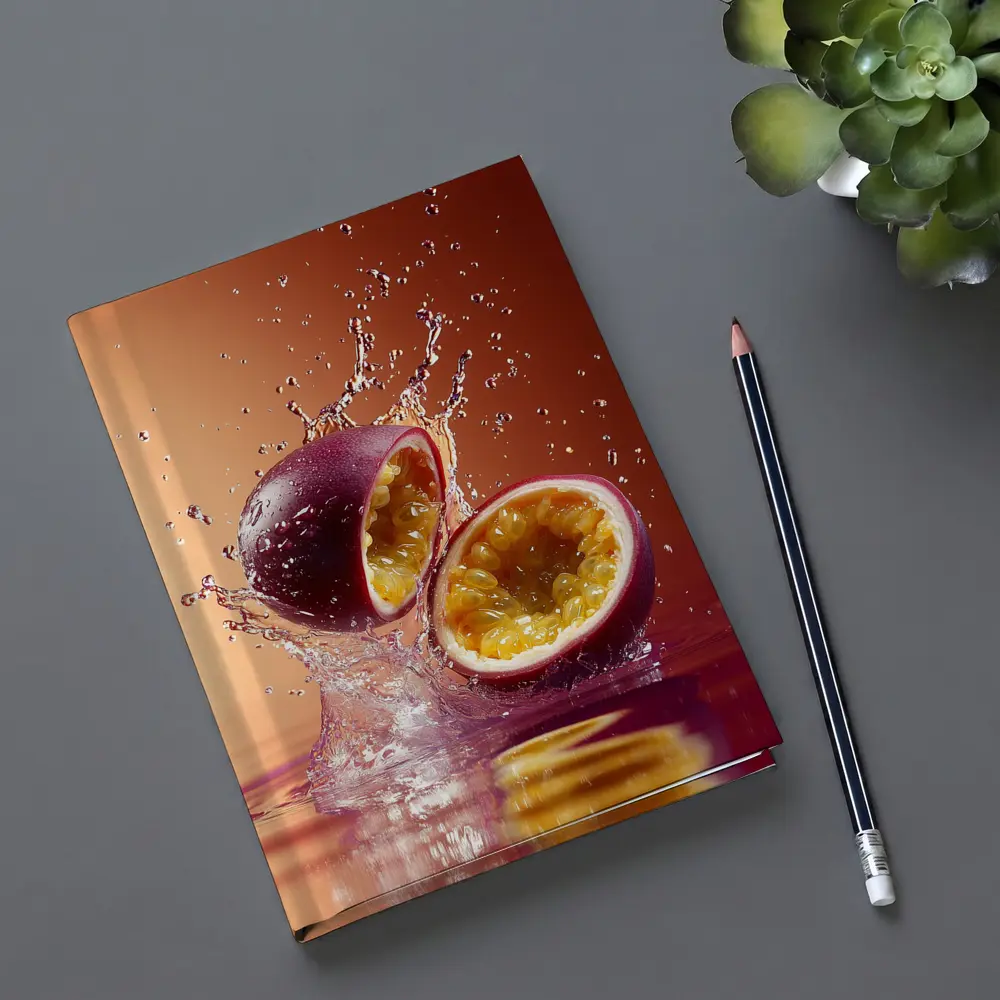 Passion Fruit Splash on Warm Red Background – Notebooks