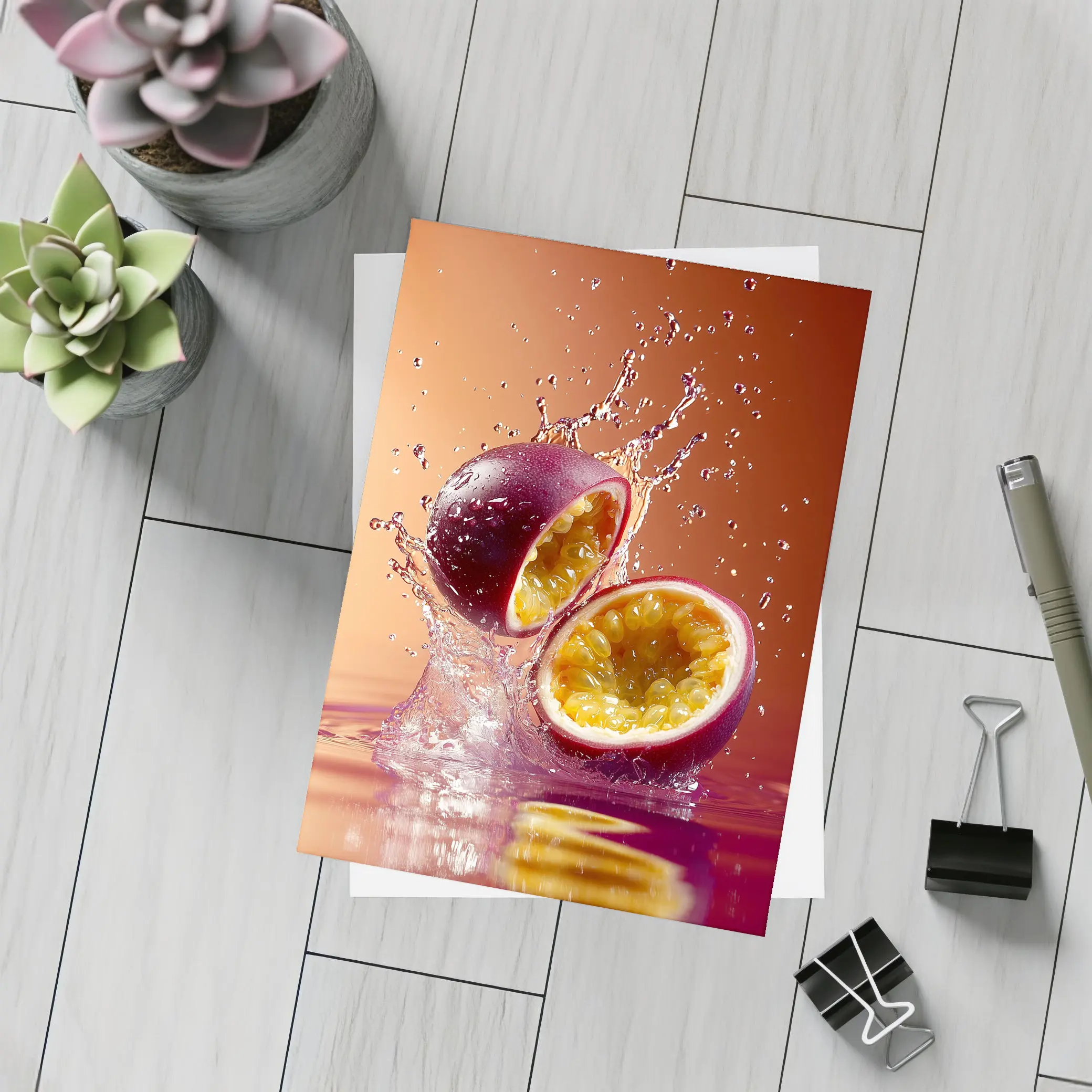 Passion Fruit Splash on Warm Red Background – Postcards