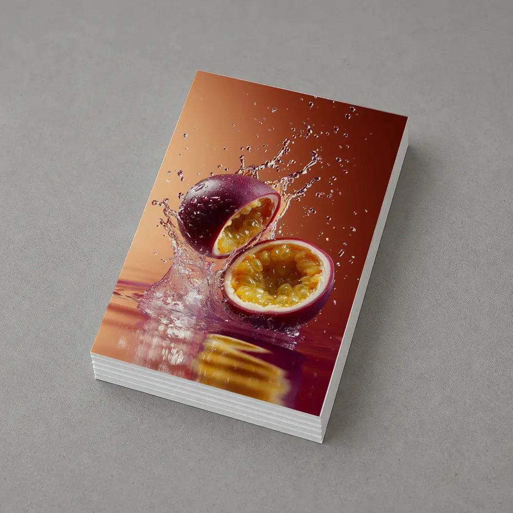 Passion Fruit Splash on Warm Red Background – Postcards