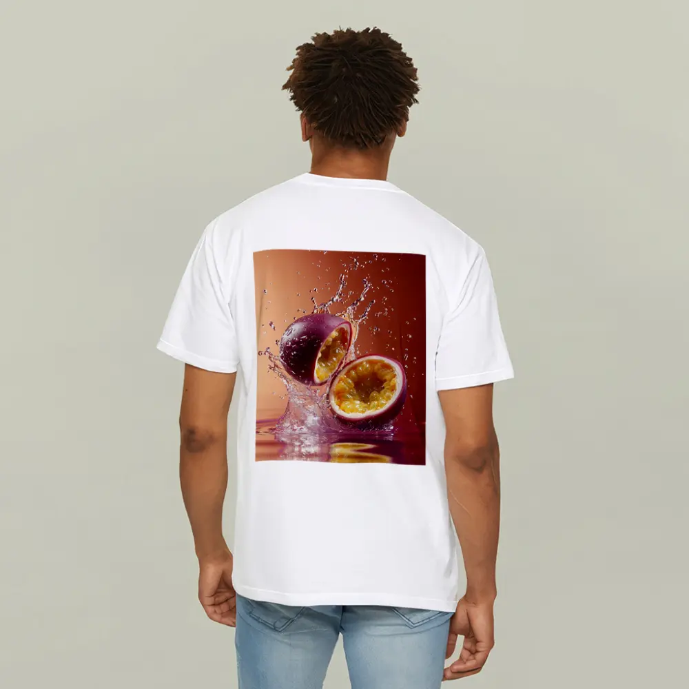 Passion Fruit Splash on Warm Red Background – T-Shirts