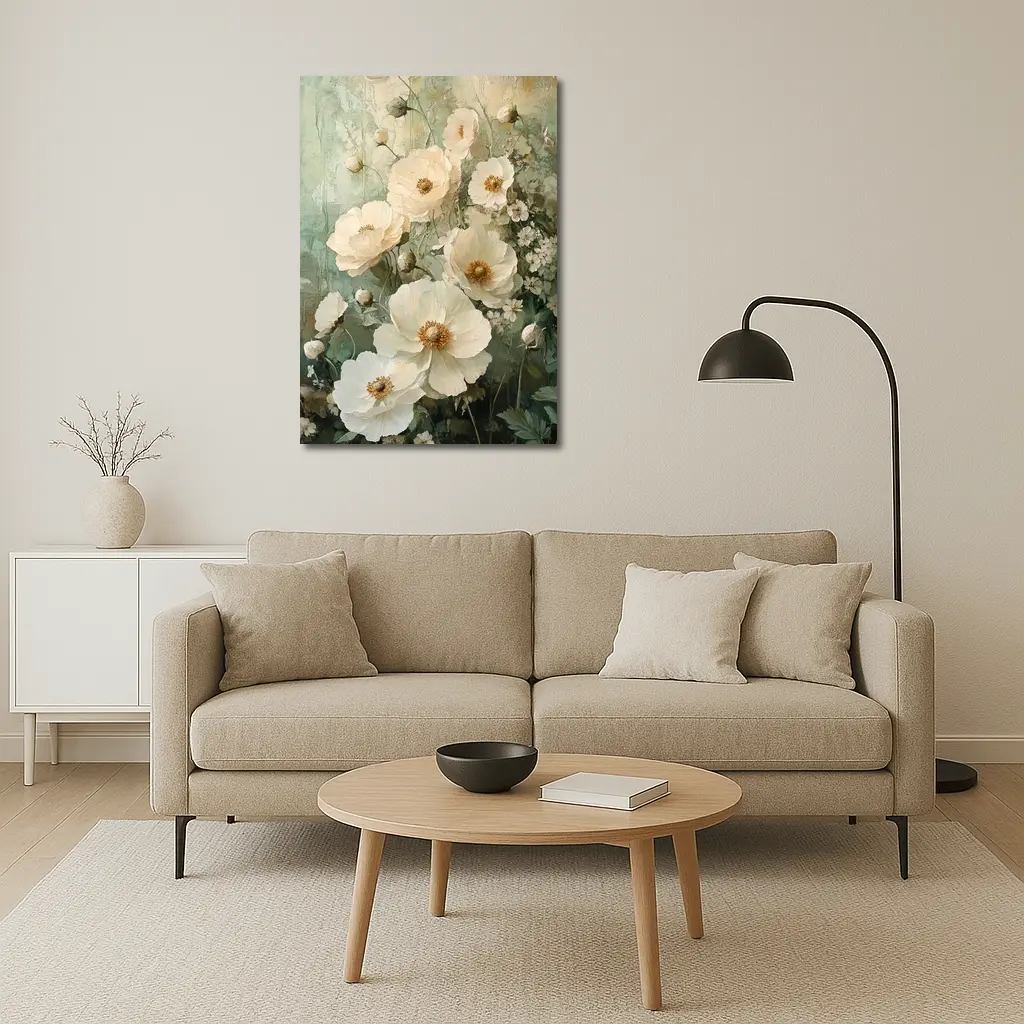 White Poppy Flowers Sage Green Painted Background – Wall Art