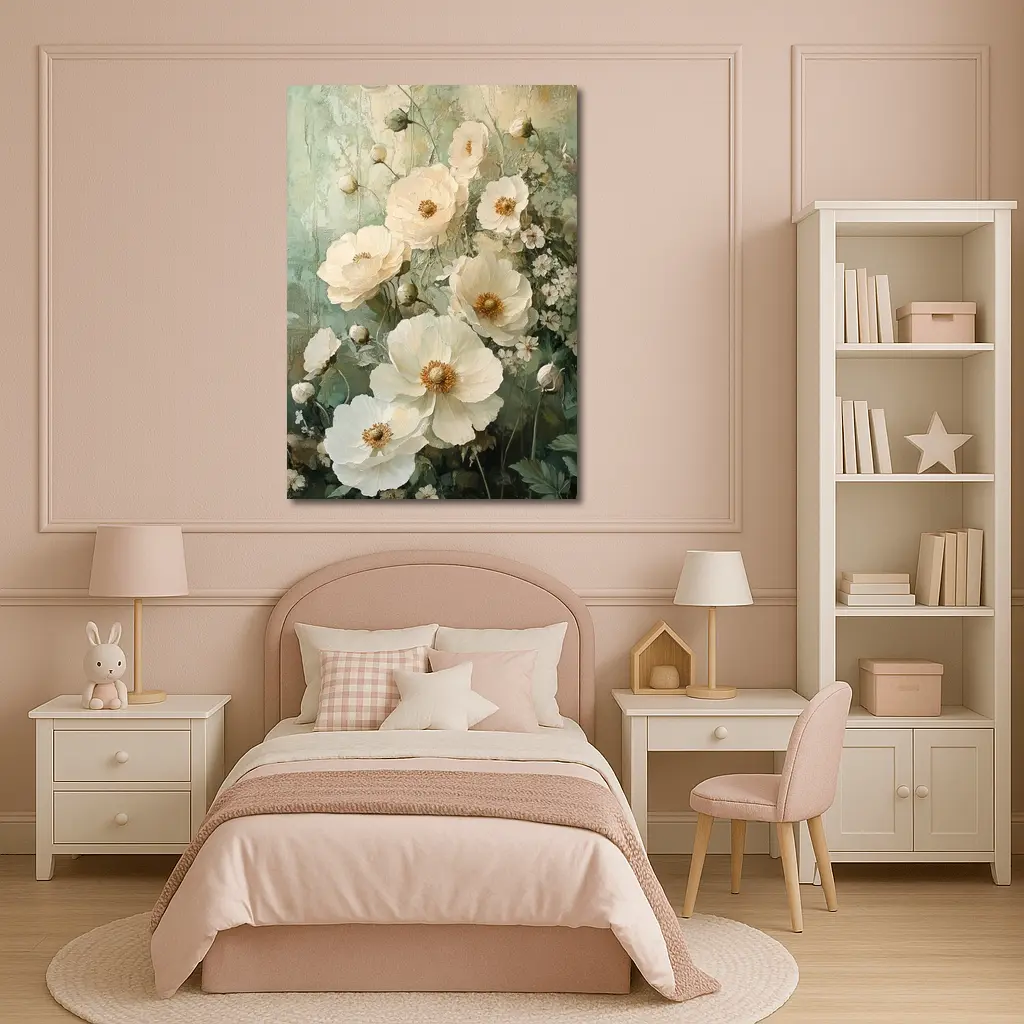 White Poppy Flowers Sage Green Painted Background – Wall Art