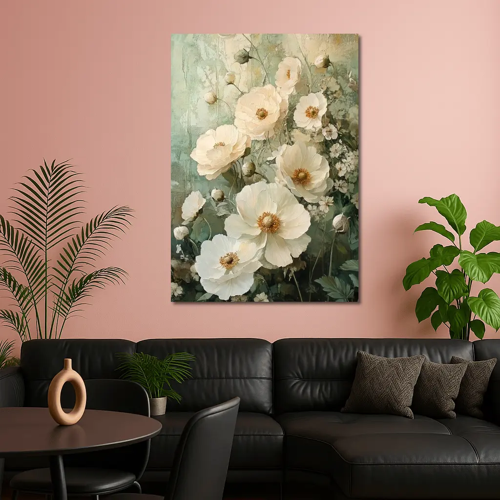 White Poppy Flowers Sage Green Painted Background – Wall Art