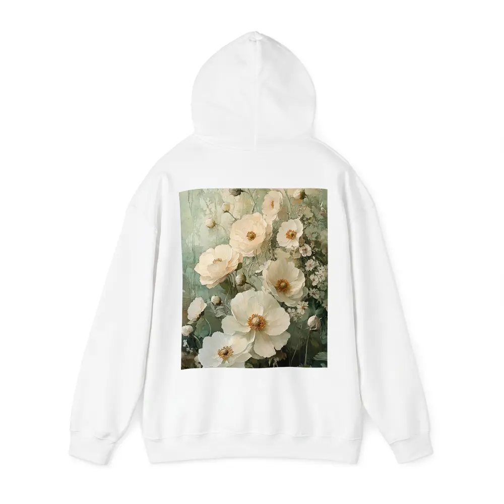 White Poppy Flowers Sage Green Painted Background – Hoodies