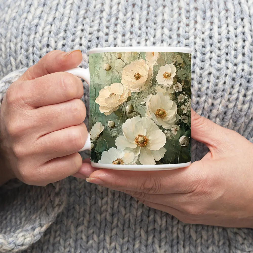 White Poppy Flowers Sage Green Painted Background – Mugs
