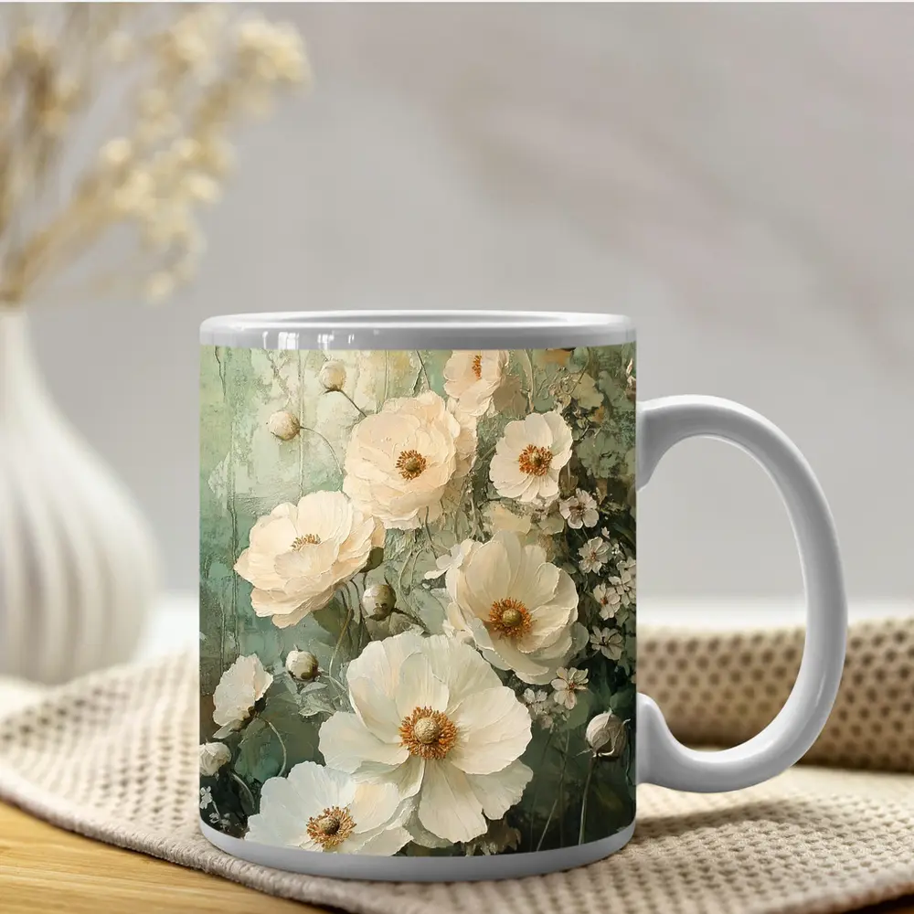 White Poppy Flowers Sage Green Painted Background – Mugs