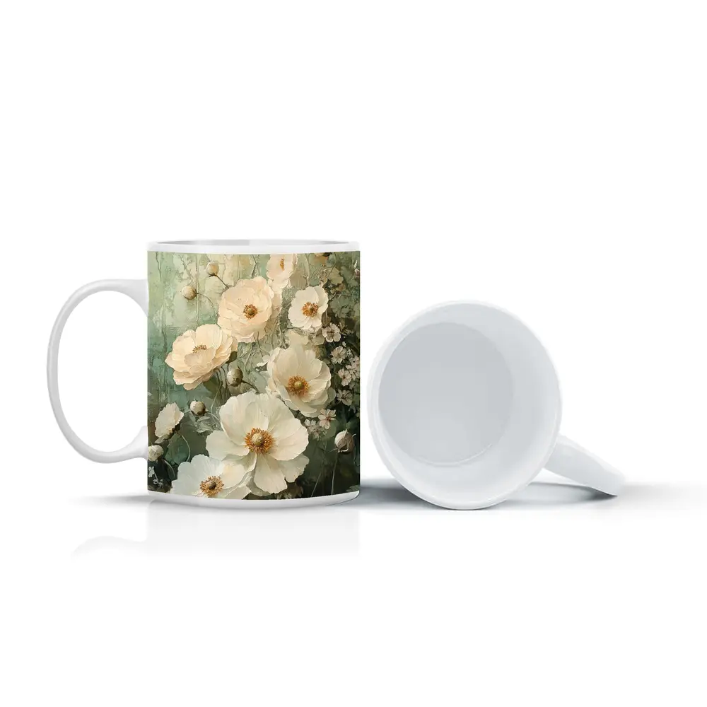 White Poppy Flowers Sage Green Painted Background – Mugs