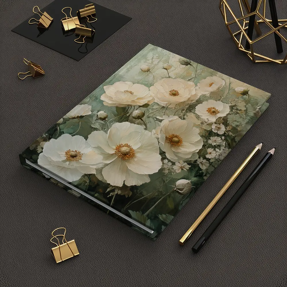 White Poppy Flowers Sage Green Painted Background – Notebooks