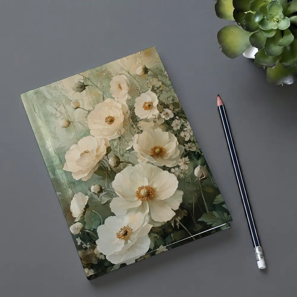 White Poppy Flowers Sage Green Painted Background – Notebooks