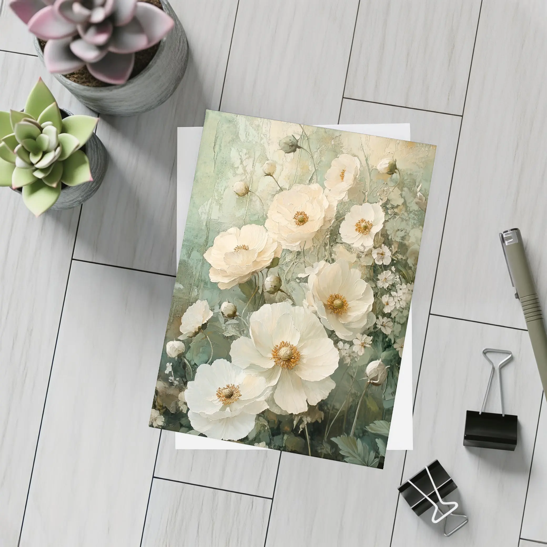 White Poppy Flowers Sage Green Painted Background – Postcards