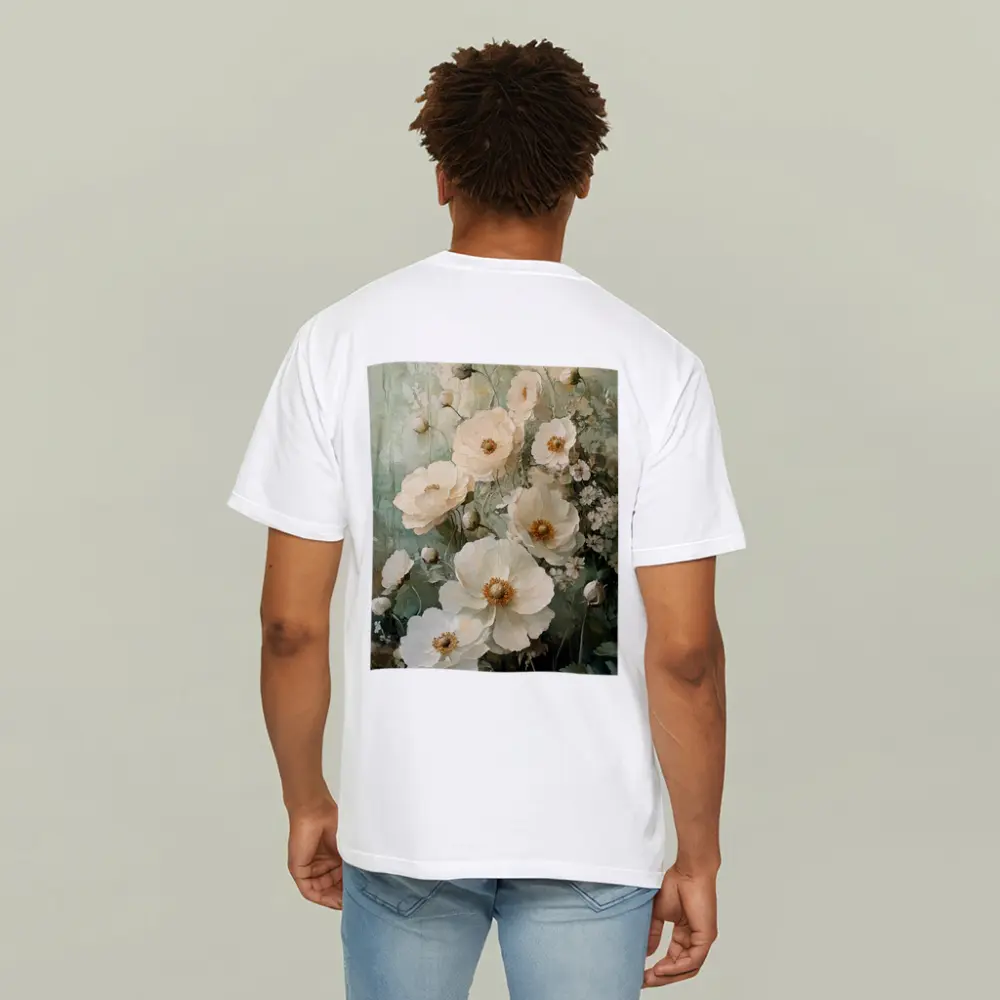 White Poppy Flowers Sage Green Painted Background – T-Shirts