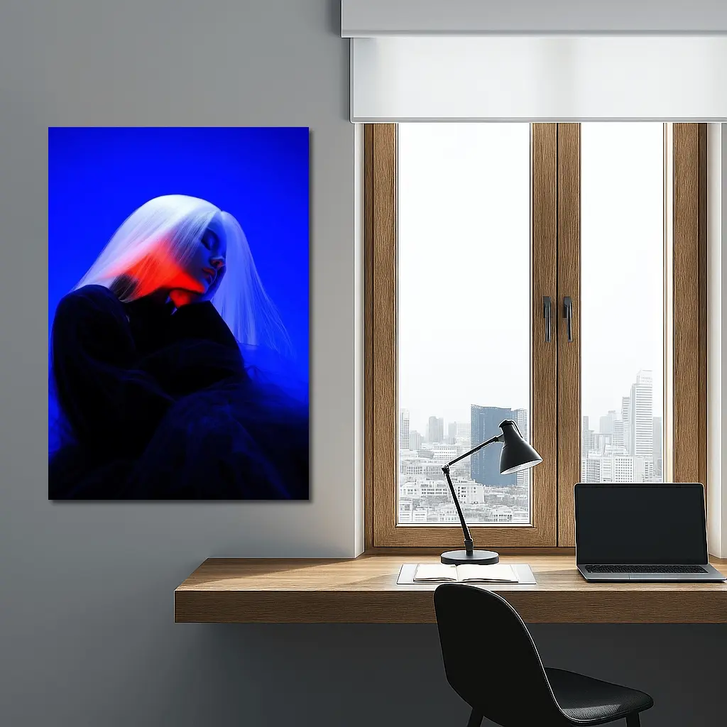 Woman White Hair Blue Red Neon Light – Wall Art