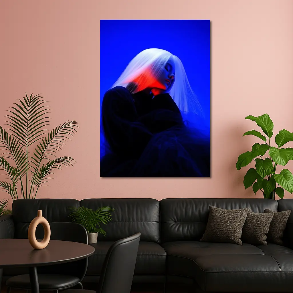 Woman White Hair Blue Red Neon Light – Wall Art