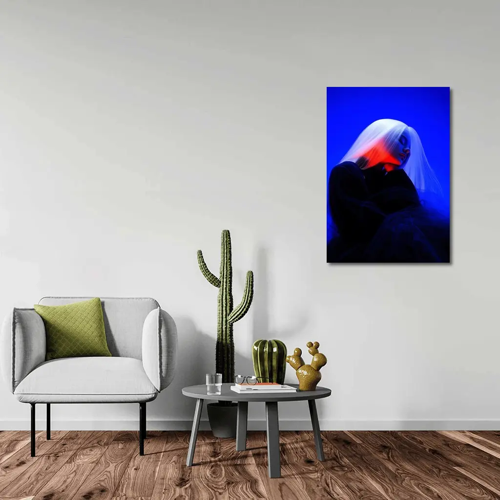 Woman White Hair Blue Red Neon Light – Wall Art