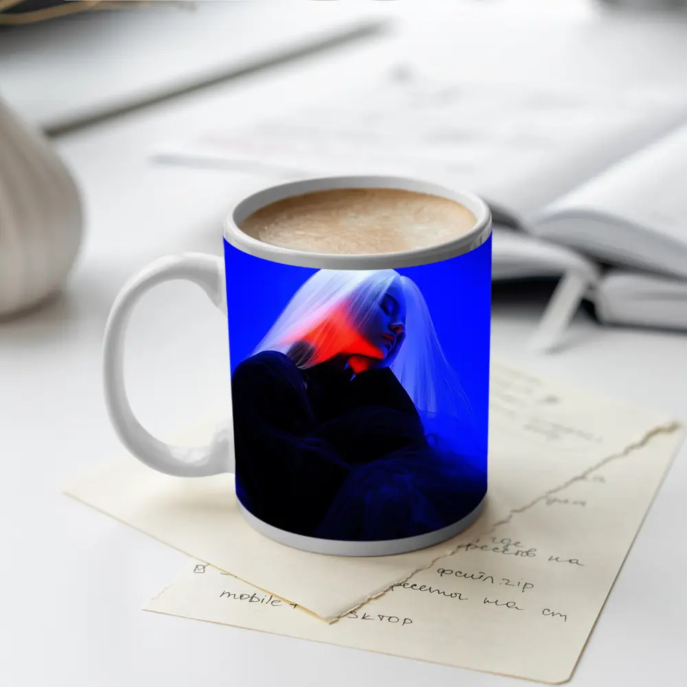 Woman White Hair Blue Red Neon Light – Mugs