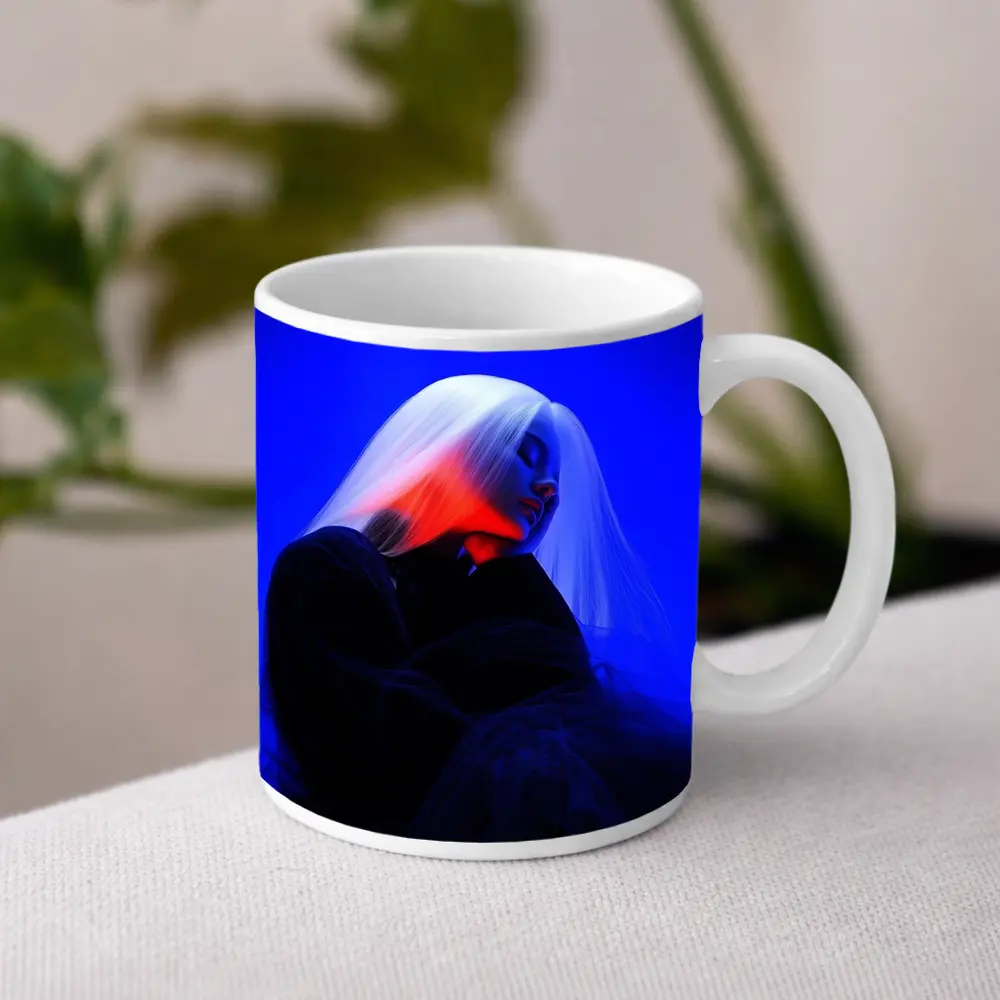 Woman White Hair Blue Red Neon Light – Mugs
