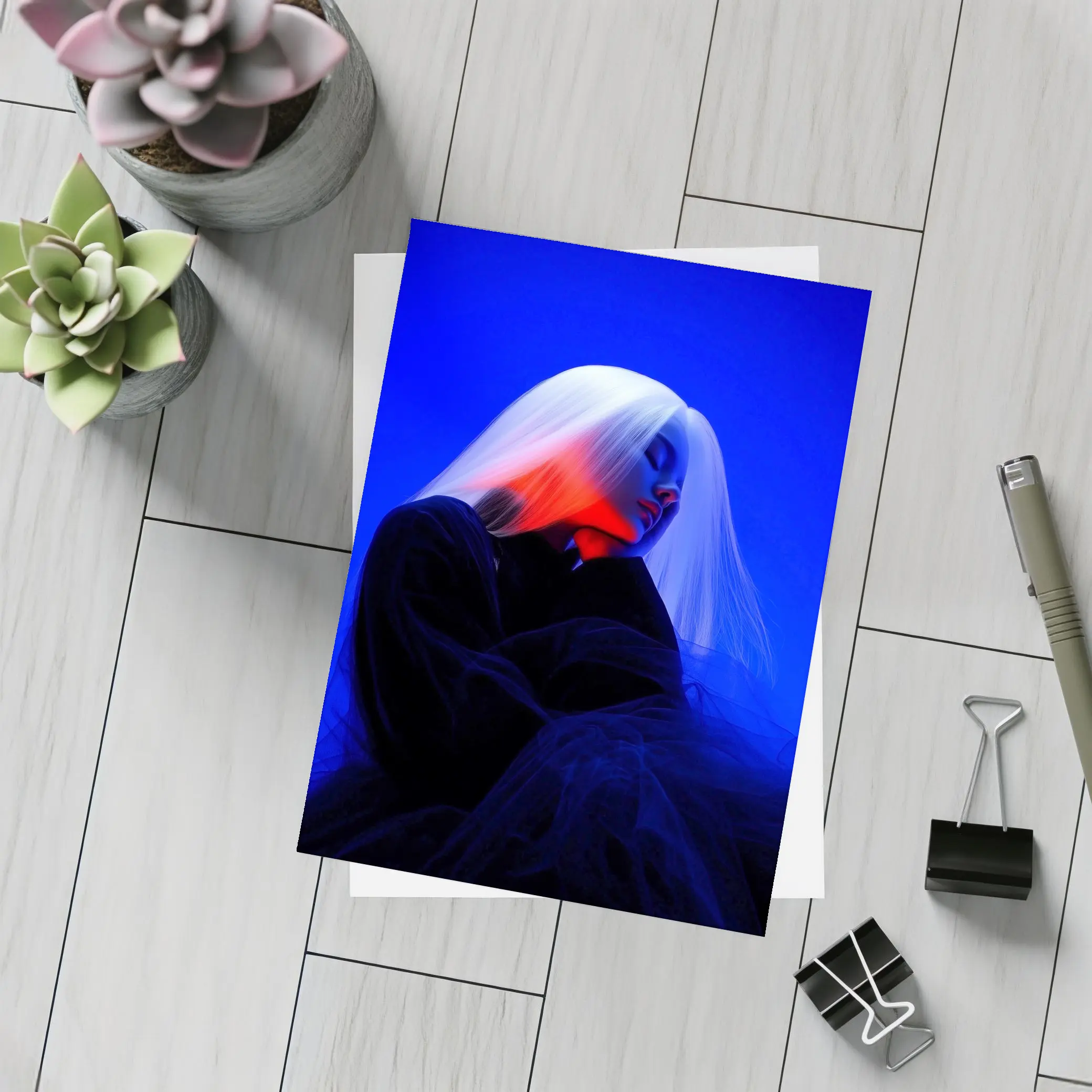 Woman White Hair Blue Red Neon Light – Postcards