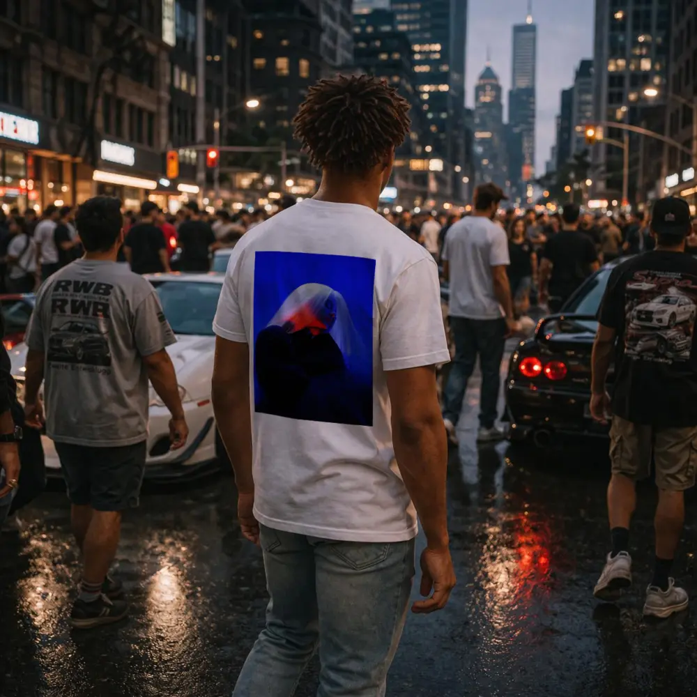 Woman White Hair Blue Red Neon Light – T-Shirts