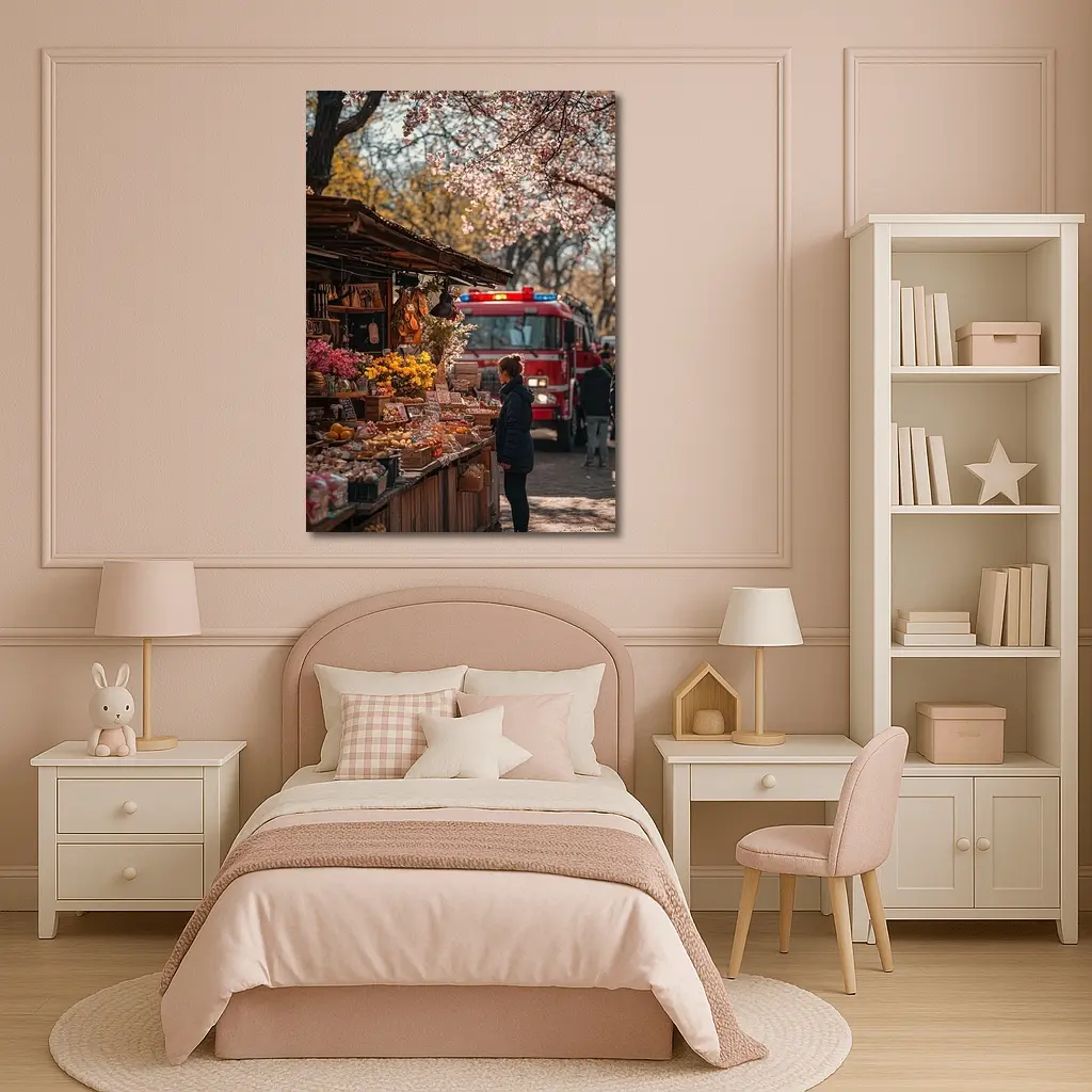 Spring Market Cherry Blossoms Fire Truck Street – Wall Art