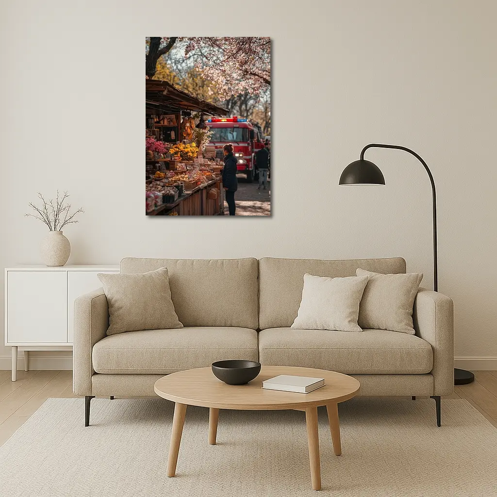 Spring Market Cherry Blossoms Fire Truck Street – Wall Art