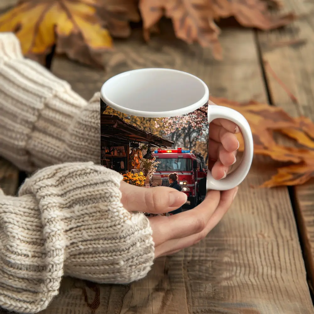 Spring Market Cherry Blossoms Fire Truck Street – Mugs