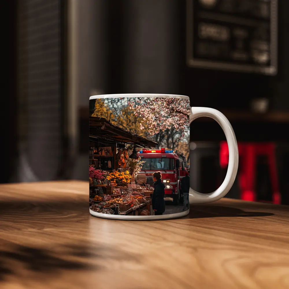 Spring Market Cherry Blossoms Fire Truck Street – Mugs