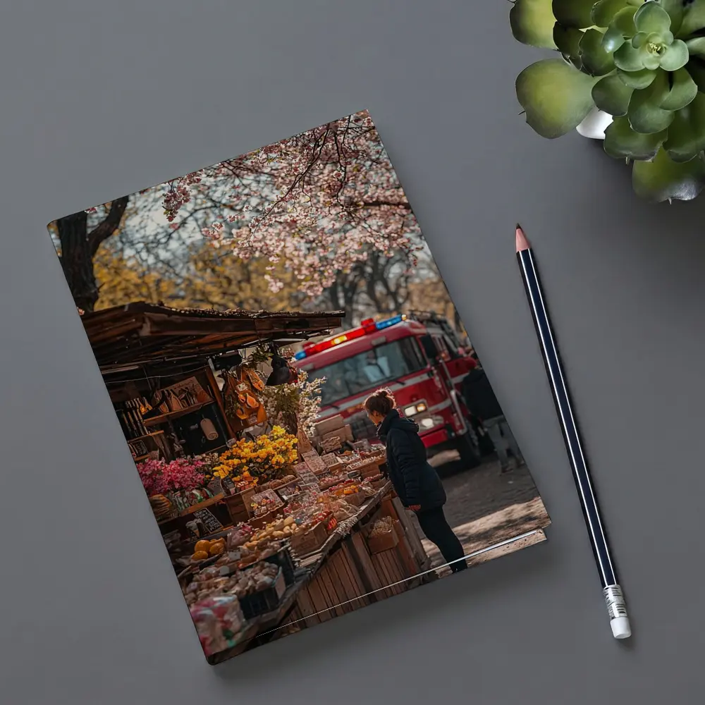 Spring Market Cherry Blossoms Fire Truck Street – Notebooks