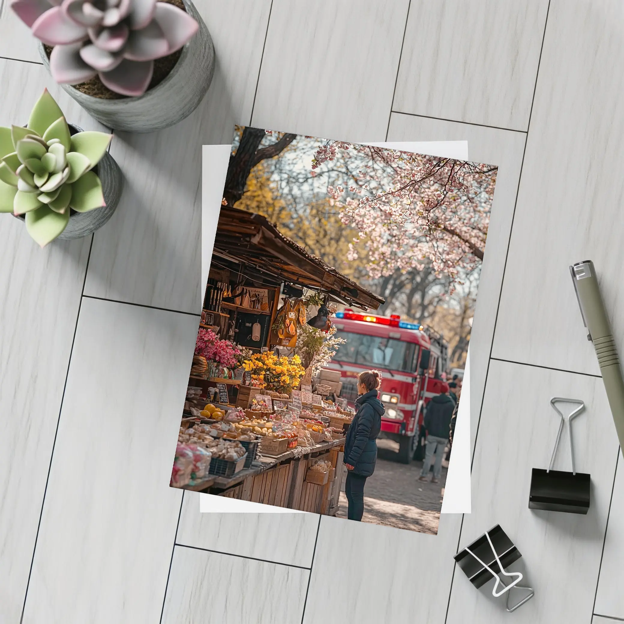 Spring Market Cherry Blossoms Fire Truck Street – Postcards