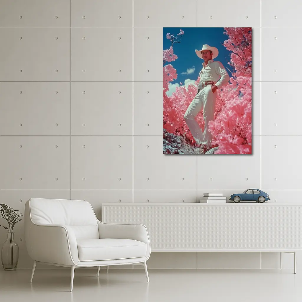 White Cowboy Pink Blossoms Blue Sky – Wall Art