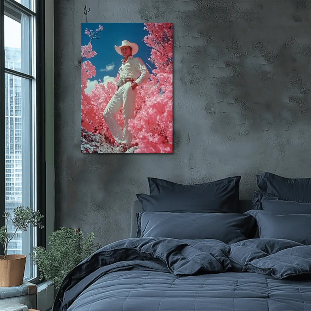 White Cowboy Pink Blossoms Blue Sky – Wall Art