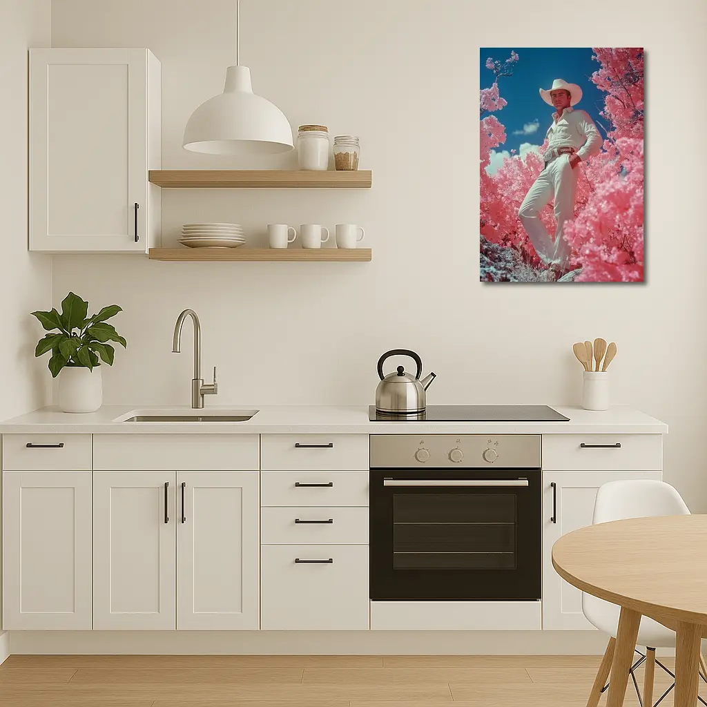 White Cowboy Pink Blossoms Blue Sky – Wall Art