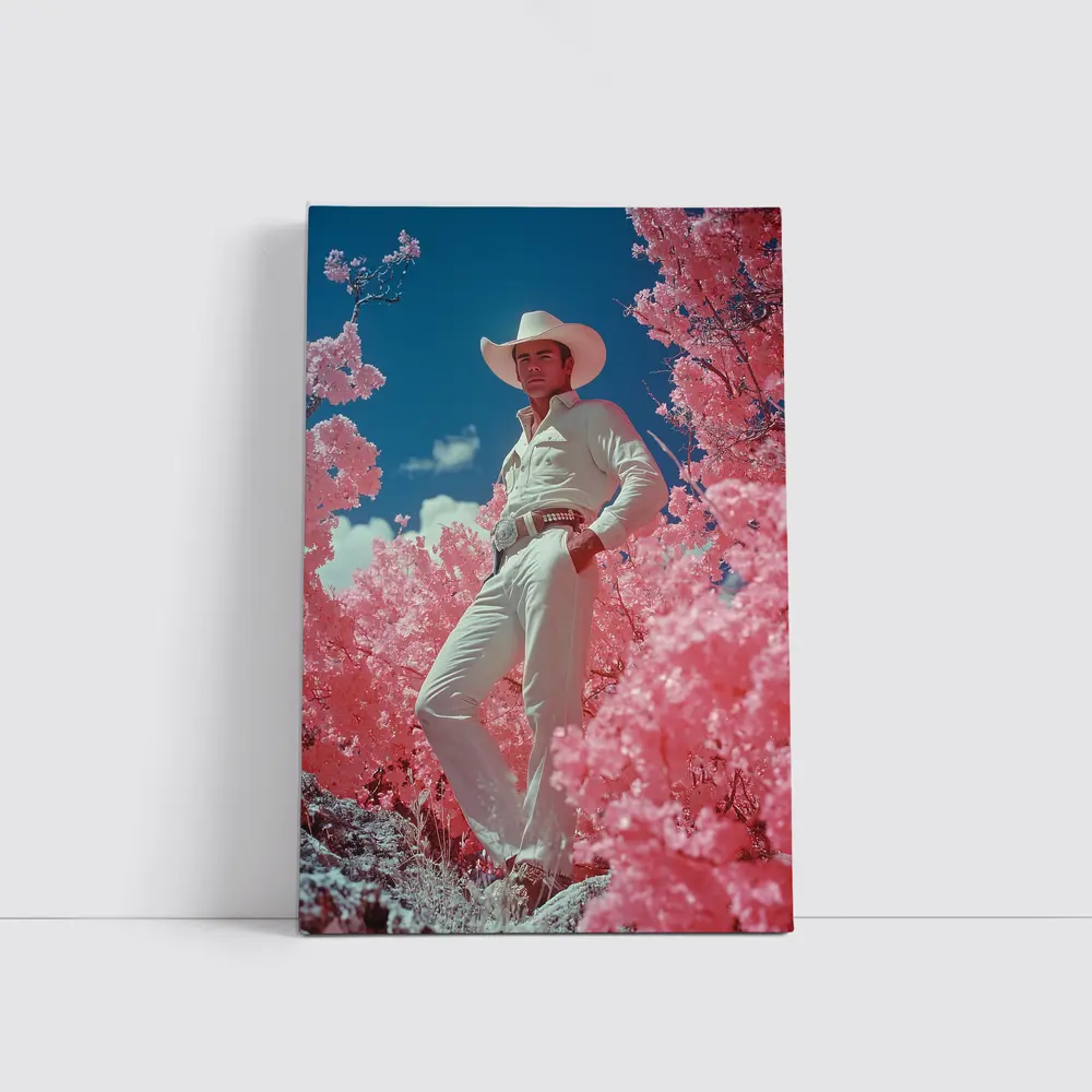 White Cowboy Pink Blossoms Blue Sky – Wall Art