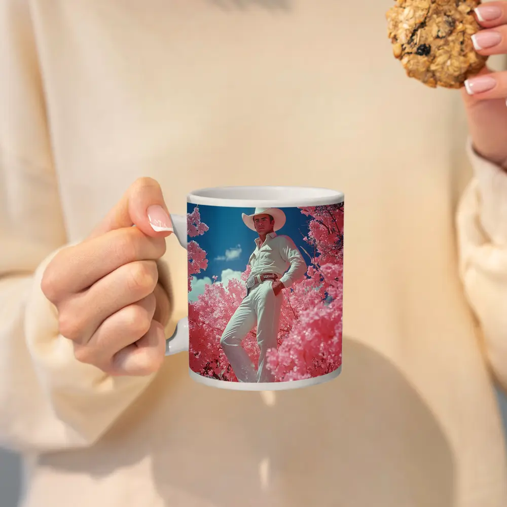 White Cowboy Pink Blossoms Blue Sky – Mugs