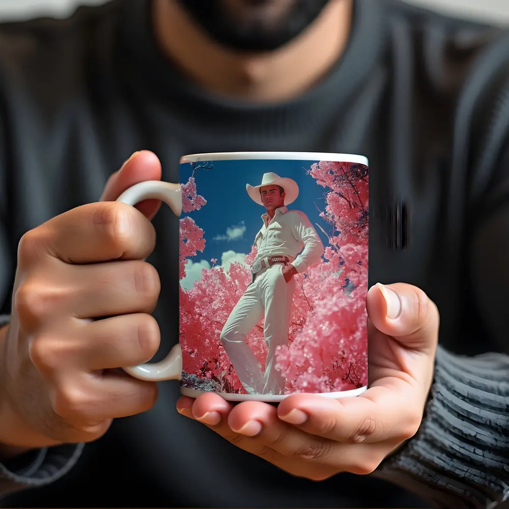 White Cowboy Pink Blossoms Blue Sky – Mugs