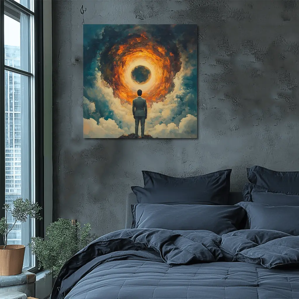 Man Facing Fiery Cosmic Portal Oil Painting – Wall Art