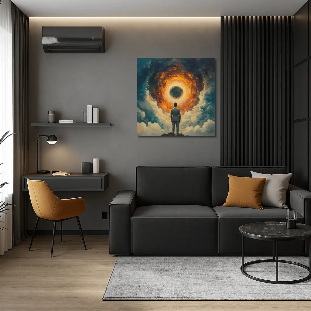 Man Facing Fiery Cosmic Portal Oil Painting – Wall Art