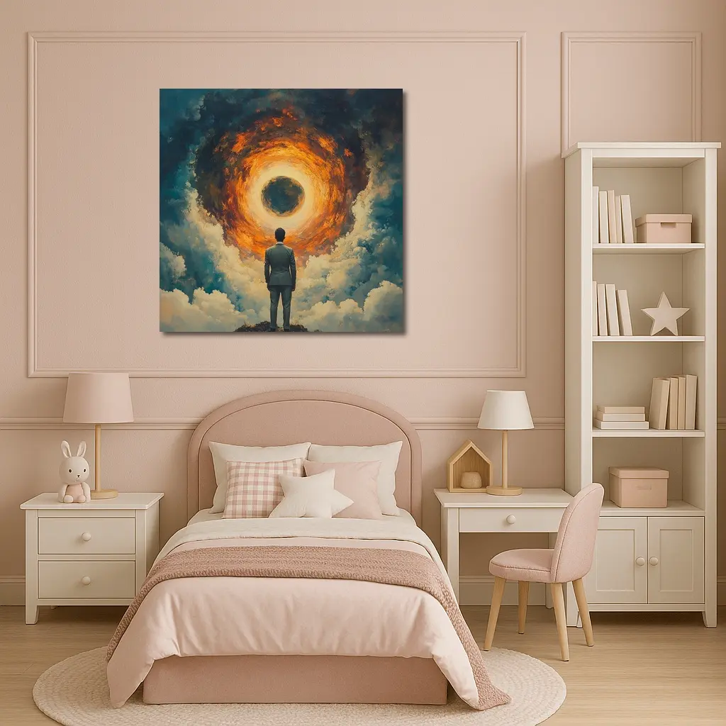 Man Facing Fiery Cosmic Portal Oil Painting – Wall Art