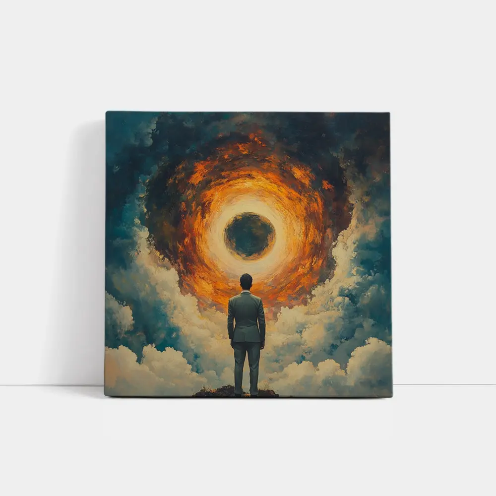 Man Facing Fiery Cosmic Portal Oil Painting – Wall Art