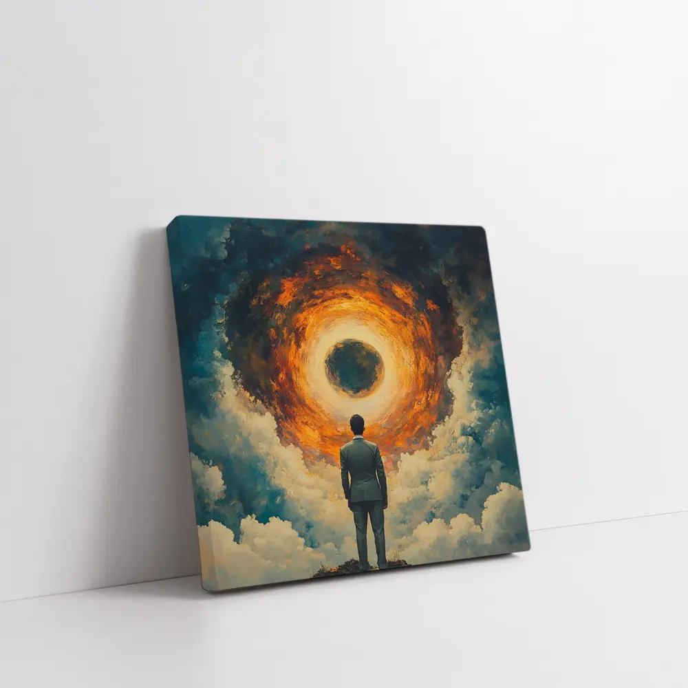 Man Facing Fiery Cosmic Portal Oil Painting – Wall Art