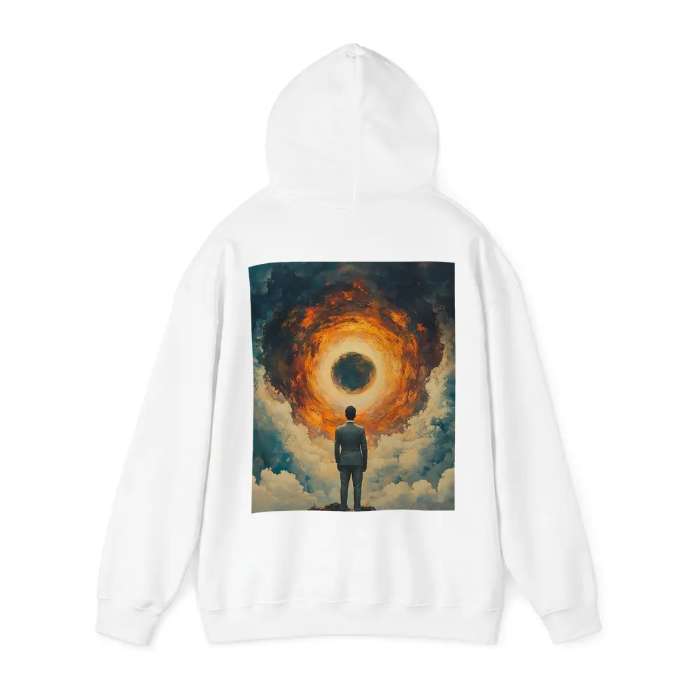 Man Facing Fiery Cosmic Portal Oil Painting – Hoodies
