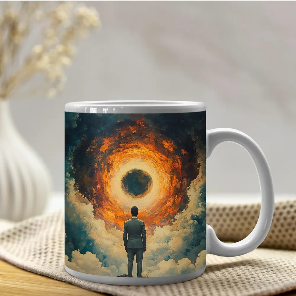 Man Facing Fiery Cosmic Portal Oil Painting – Mugs