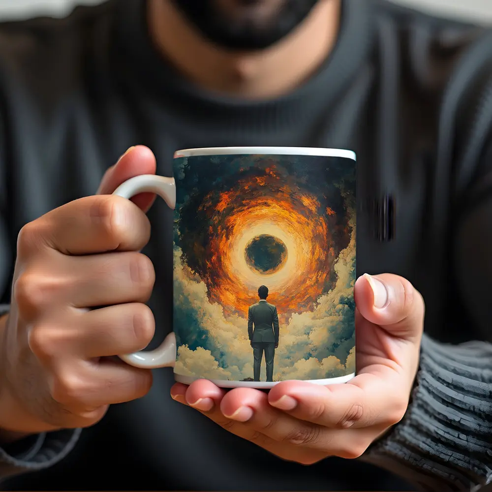 Man Facing Fiery Cosmic Portal Oil Painting – Mugs