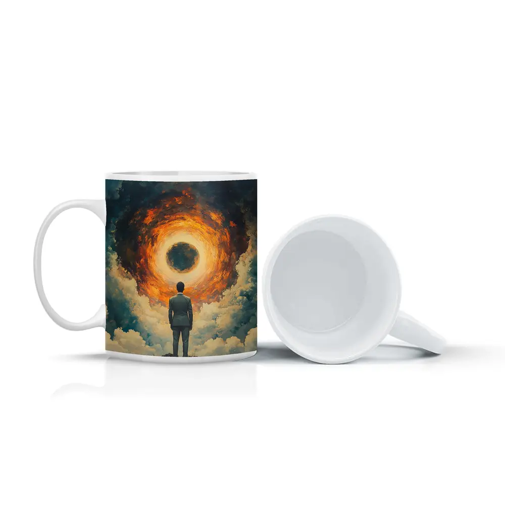Man Facing Fiery Cosmic Portal Oil Painting – Mugs