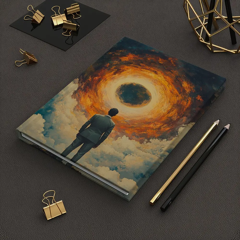 Man Facing Fiery Cosmic Portal Oil Painting – Notebooks