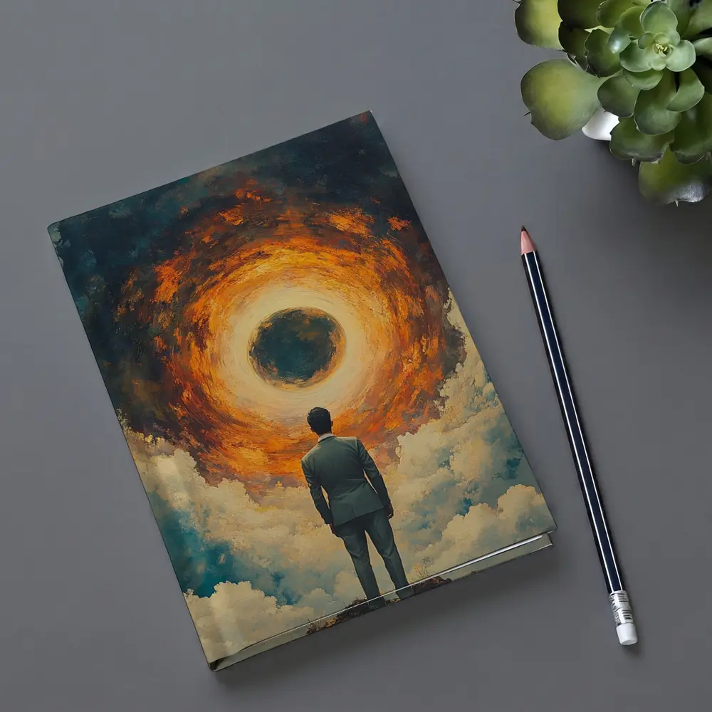 Man Facing Fiery Cosmic Portal Oil Painting – Notebooks