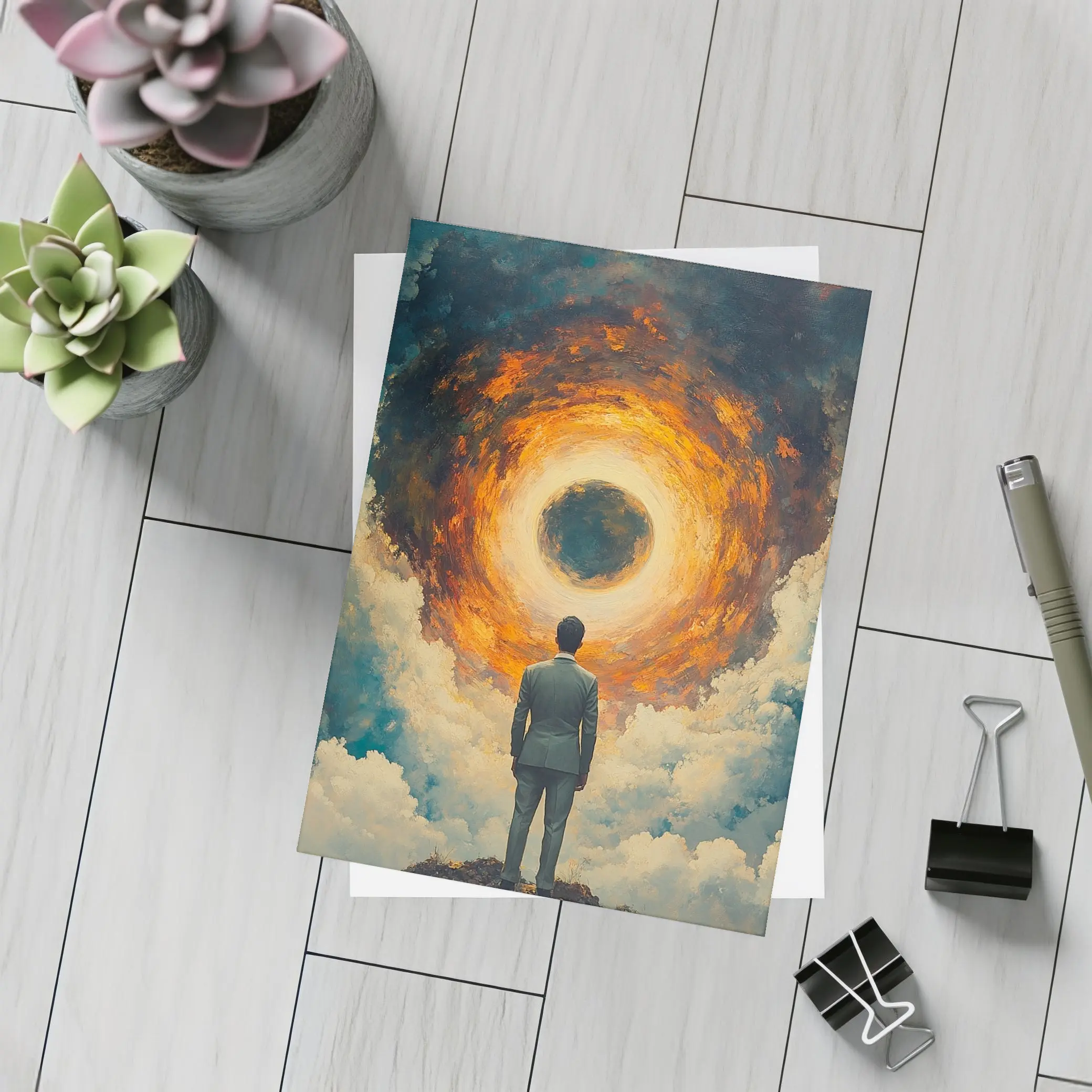 Man Facing Fiery Cosmic Portal Oil Painting – Postcards