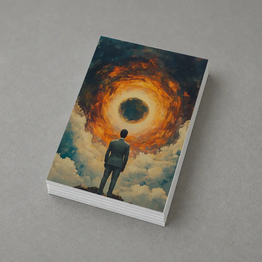 Man Facing Fiery Cosmic Portal Oil Painting – Postcards