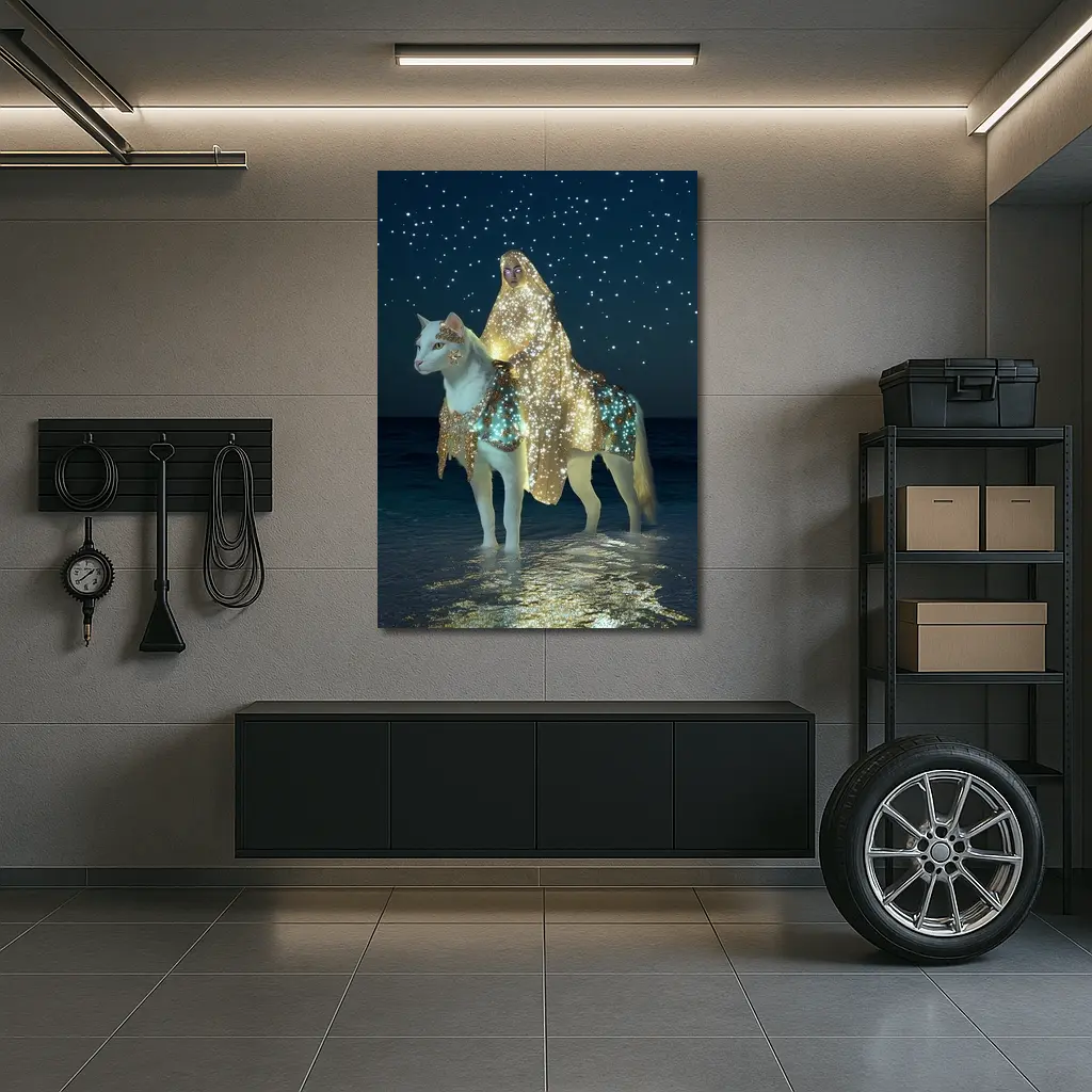 Mystical Woman Riding White Cat Night Beach – Wall Art
